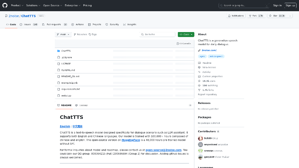 GitHub - 2noise/ChatTTS: ChatTTS is a generative speech model for daily dialogue.