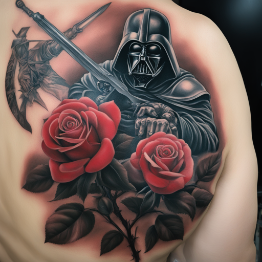 in the style of realism tattoo, with a tattoo of Father teaches son life lessons 
Heroic warriors death 
Death celebration 
Rose 