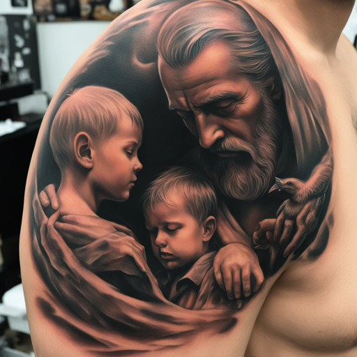 in the style of realism tattoo, with a tattoo of Good vs evil
Father teaches son about life 
Son dies a heroic death 