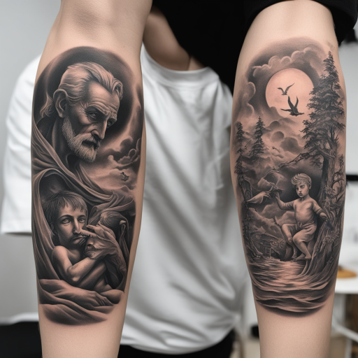 in the style of surrealism tattoo, with a tattoo of Good vs evil
Father teaches son about life 
Son dies a heroic death 