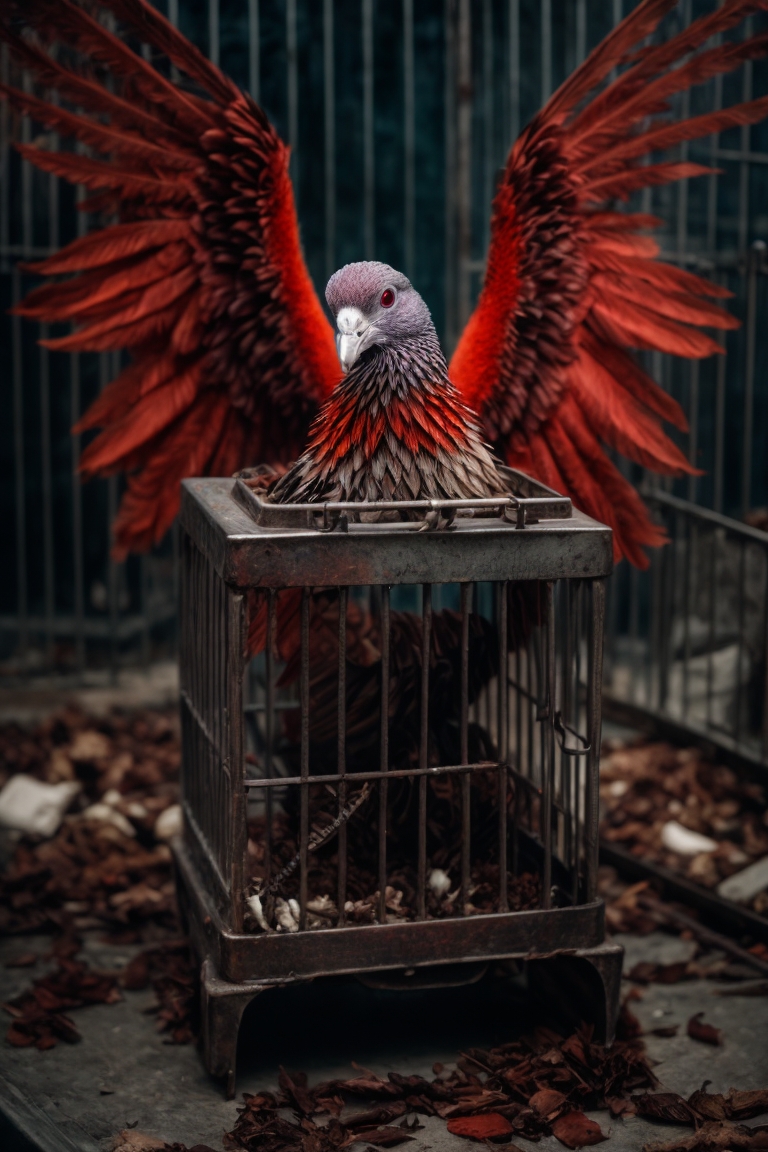 In a cage there is a zombie pigeon decomposing. His eyes are red and desperate. Part of the intestine is out. With only 2 wings