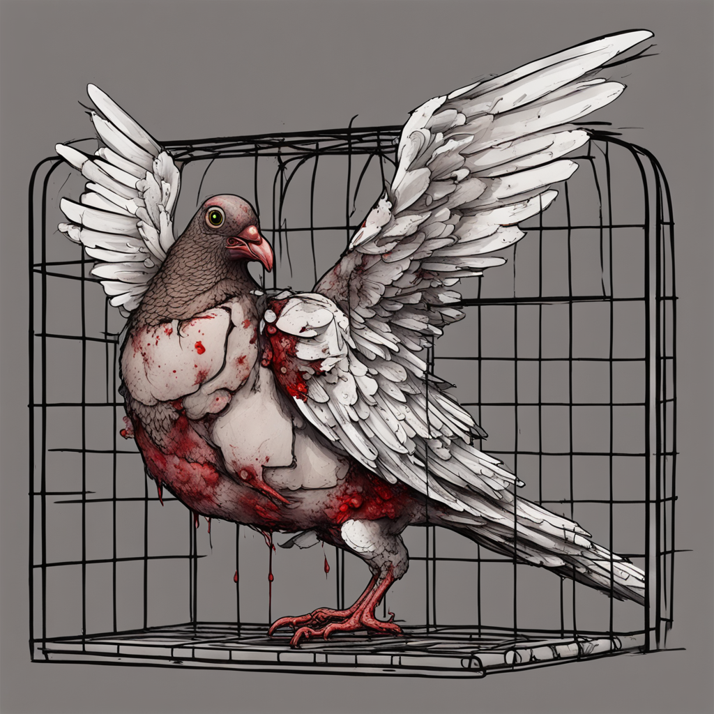 In a cage there is a zombie pigeon decomposing. His eyes are red and desperate. Part of the intestine is out. With only 2 wings