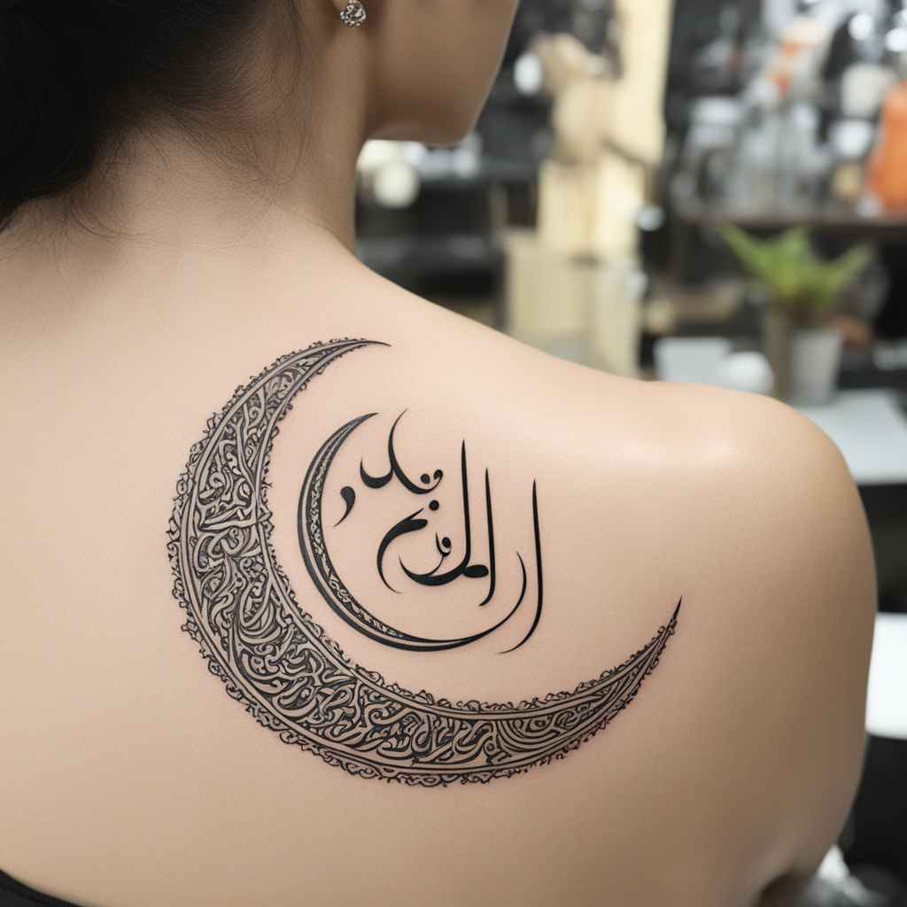 in the style of fineline tattoo, with a tattoo of Create a crescent shaped calligraphy using these two words:
حب وسلام