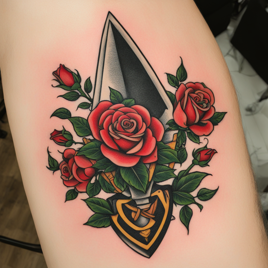 in the style of sailor jerry tattoo, with a tattoo of masonry trowel surrounded by 4 roses