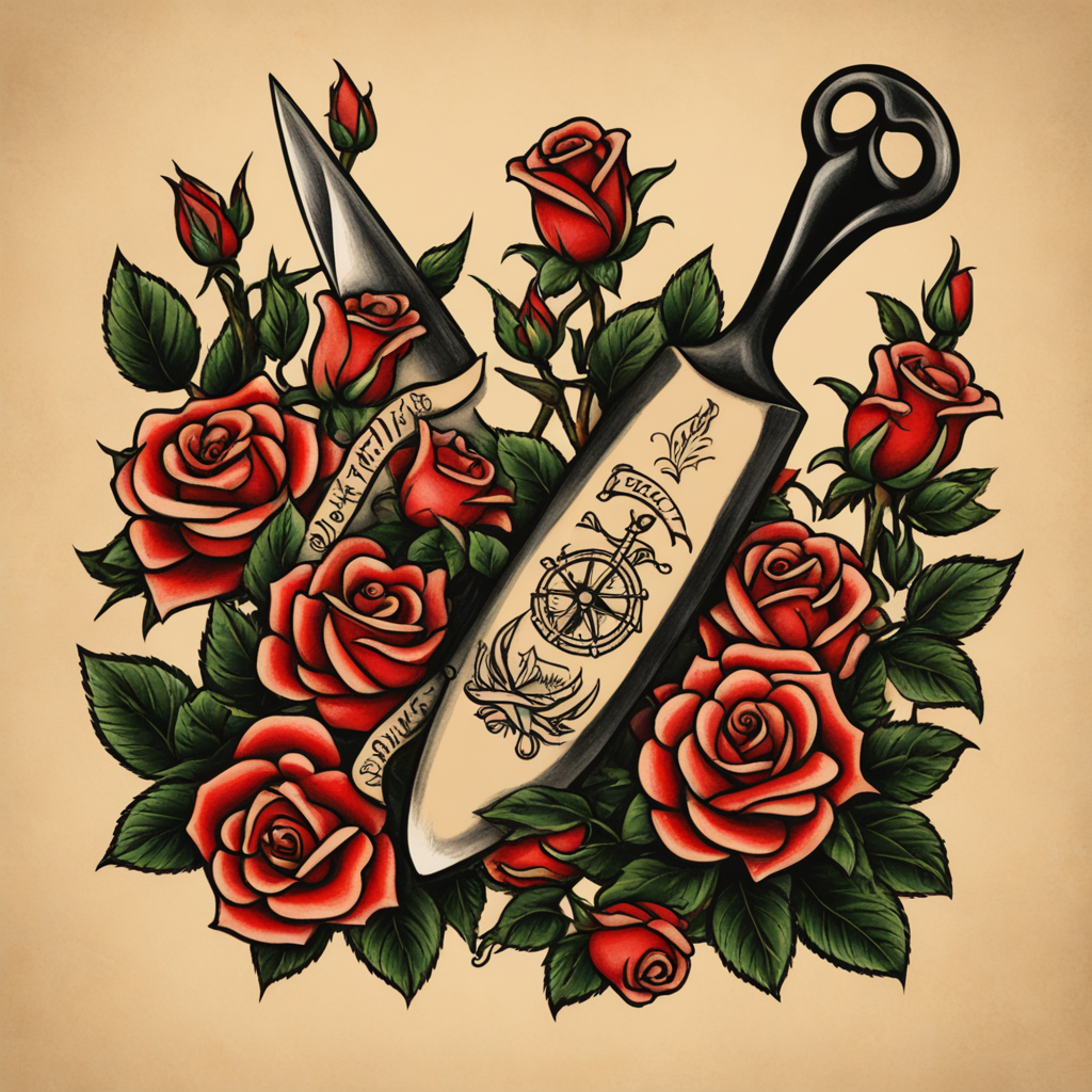 in the style of sailor jerry tattoo, with a tattoo of brick trowel surrounded by roses