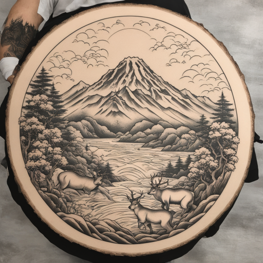 in the style of japanese tattoo, with a tattoo of Mountain in a circle with a small man at the top with animals and trees 