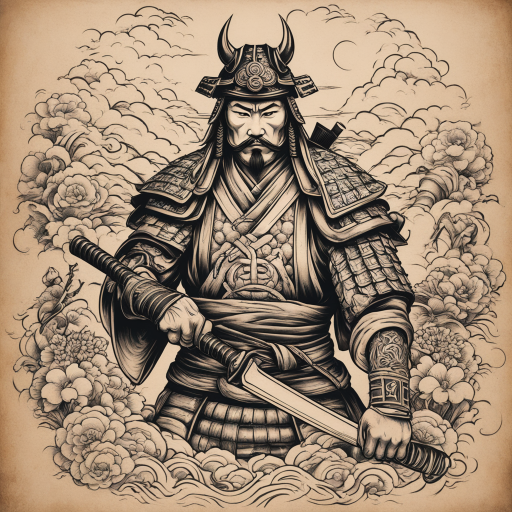 in the style of japanese tattoo, with a tattoo of samurai warrior holding two masonry trowels 