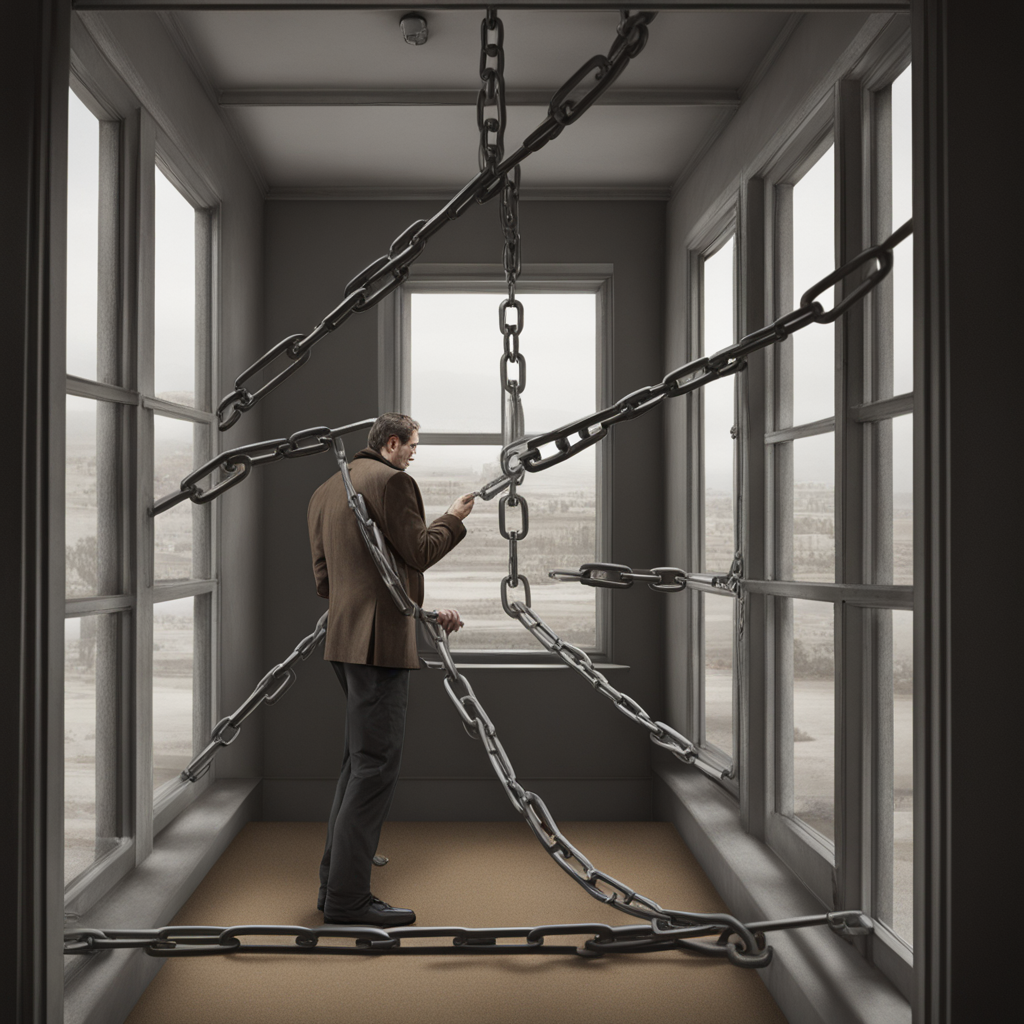 photorealist image of a man bounded in chains looking through window with scenarios outside 