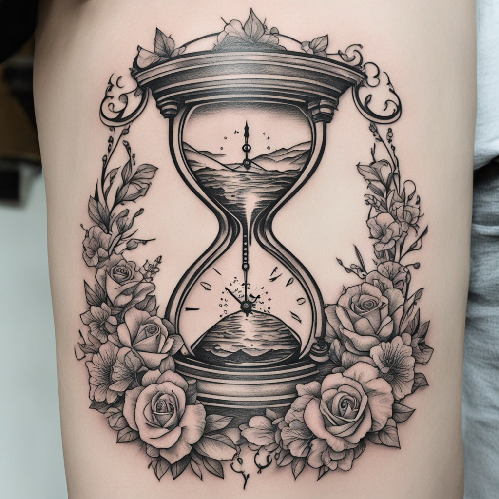 in the style of fineline tattoo, with a tattoo of Hourglass broken clock  memorial for mom