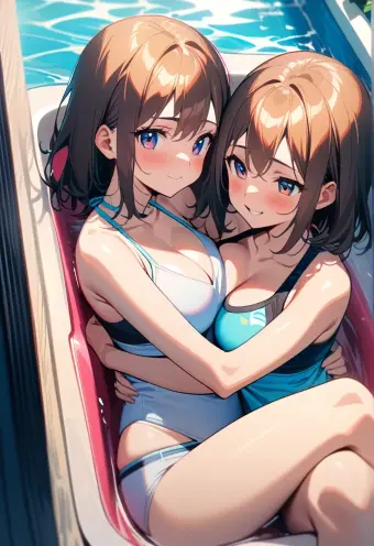 Anime Twin Girls Smiling in Bathtub with Vibrant Colors and Natural Lighting