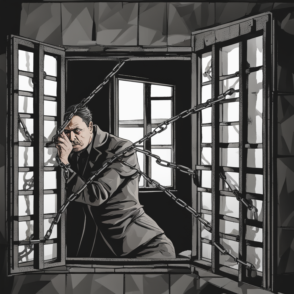 a man imprisoned in chains looking through window with scenarios outside 