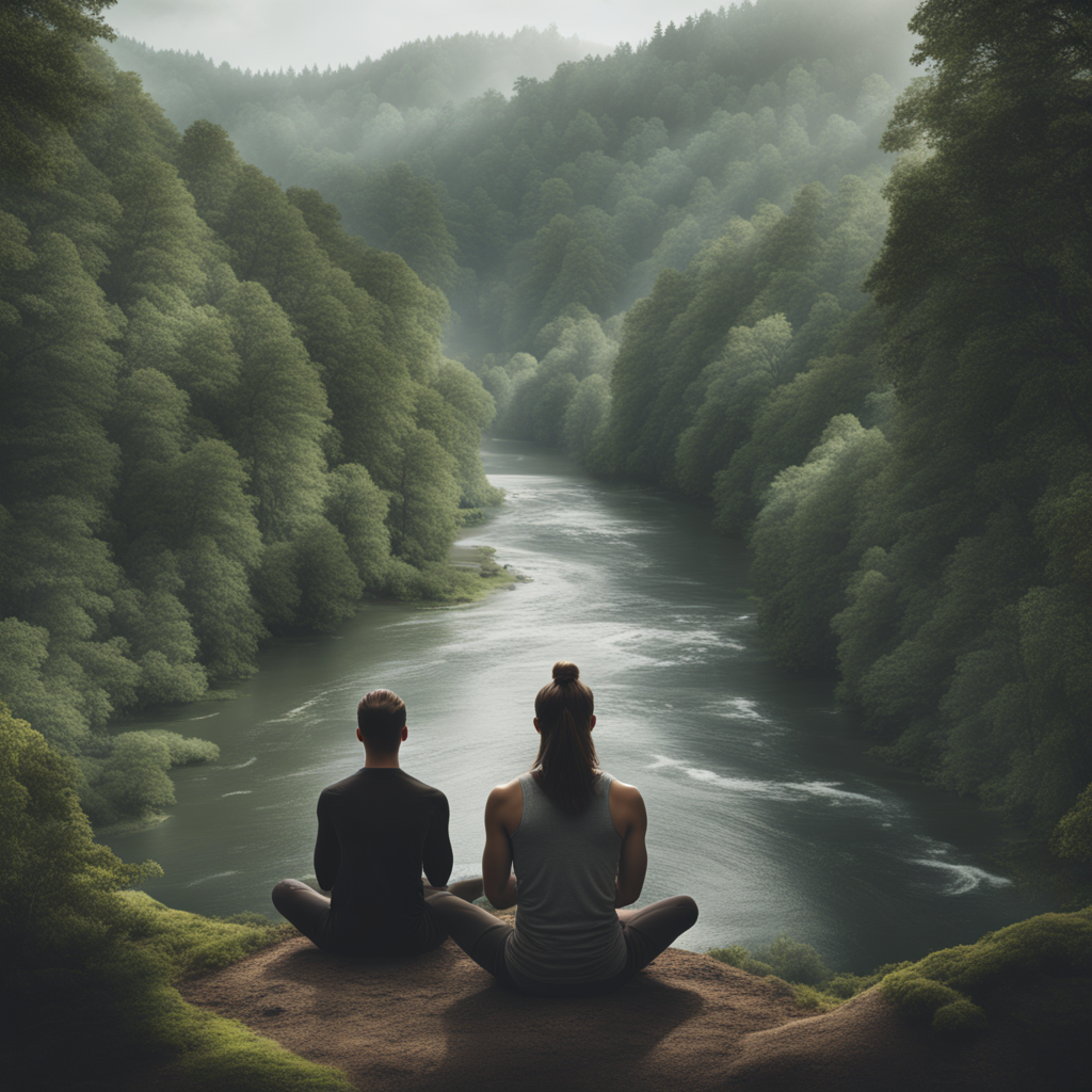 Create me a youtube thumbnail with realistic forest and river in the background and a person meditating in front with a view 