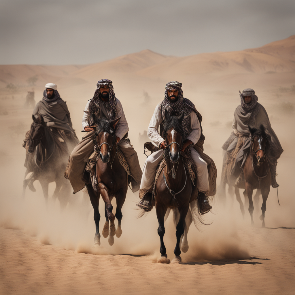 bedouin warriors in war riding  horses through desert storm 