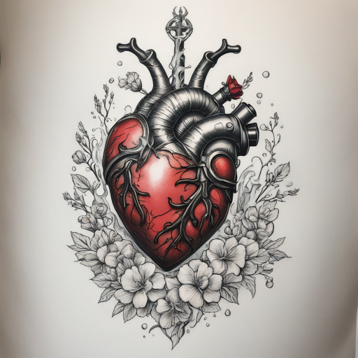 in the style of realism tattoo, with a tattoo of anatomically correct Heart encased in armor with a water spring coming out of the heart