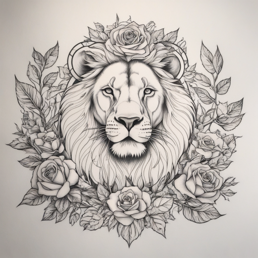 in the style of fineline tattoo, with a tattoo of rose and lion