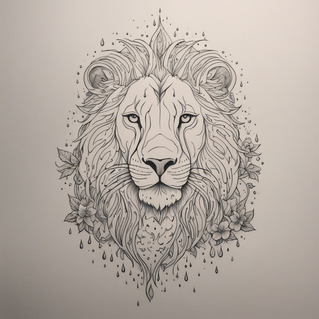 in the style of fineline tattoo, with a tattoo of rain and lion