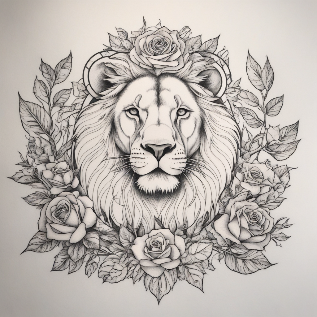 in the style of fineline tattoo, with a tattoo of rose and lion