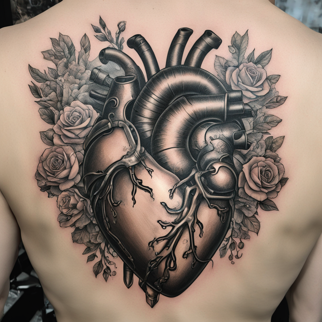 in the style of realism tattoo, with a tattoo of anatomically correct Heart fully encased in steam-punk armor with a water spring coming out of the heart