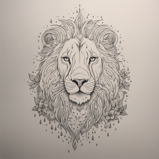 in the style of fineline tattoo, with a tattoo of rain and lion