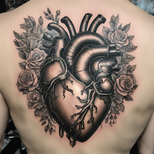 in the style of realism tattoo, with a tattoo of anatomically correct Heart fully encased in steam-punk armor with a water spring coming out of the heart
