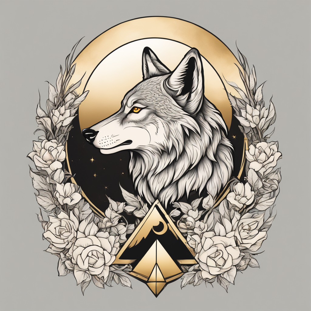 in the style of neo traditional tattoo, with a tattoo of clean head of wolf looking left 30 deg and pyramid golden shining. crescent moon on top. semi realistic semi clipart