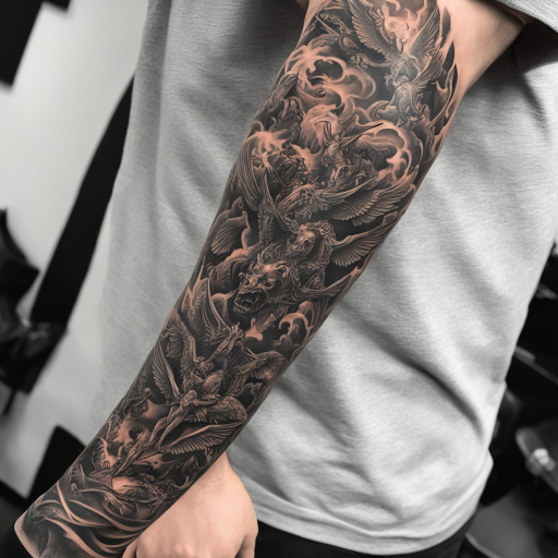 in the style of forearm tattoo, with a tattoo of “Fall of the Rebel Angels” “The Battle of the Angels” “Mouth of Hell”. These can be merged together to make the scale work and look appropriate with the existing tattoo.