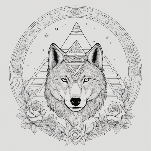 in the style of fineline tattoo, with a tattoo of clean head of wolf and pyramid. crescent moon on top. semi realistic semi clipart