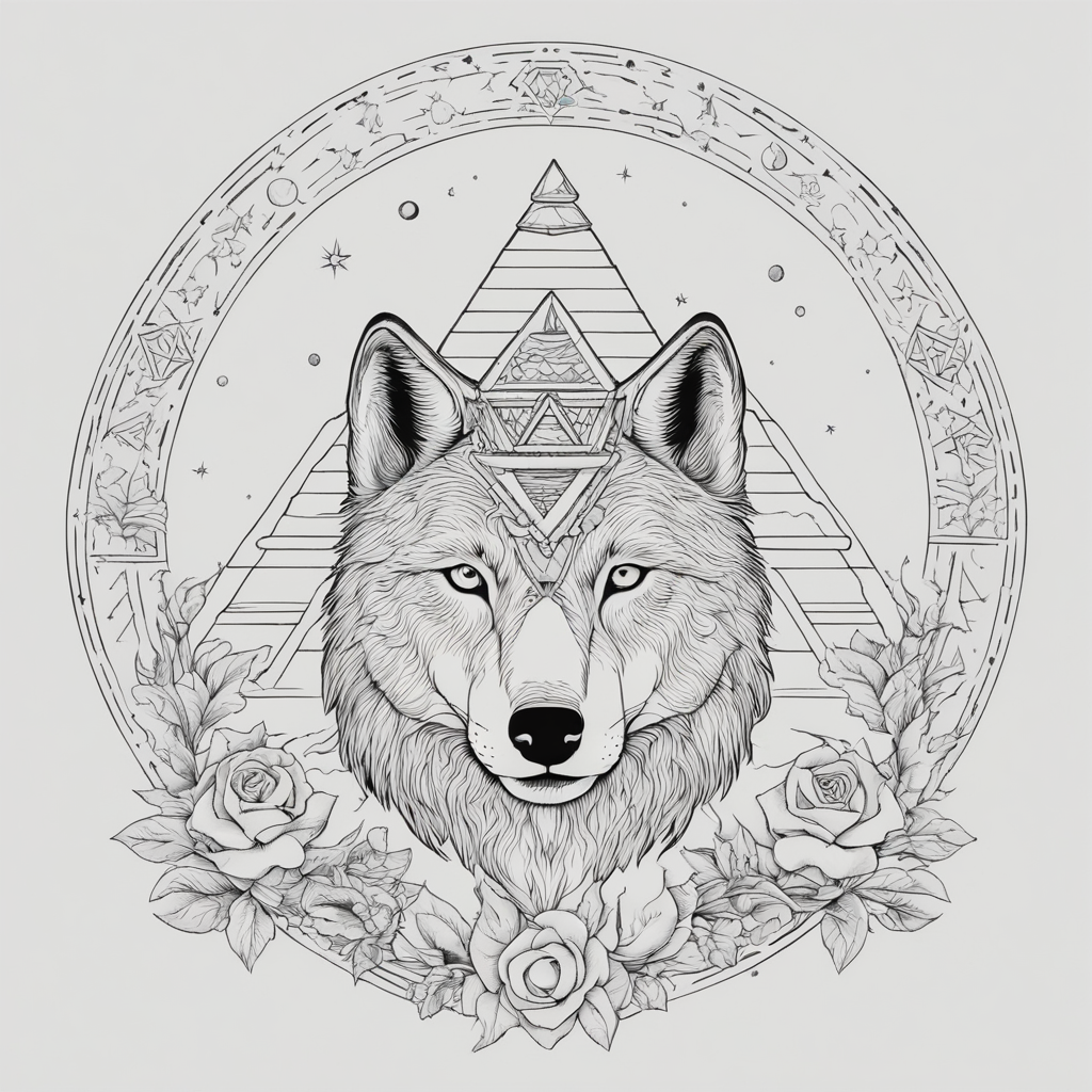 in the style of fineline tattoo, with a tattoo of clean head of wolf and pyramid. crescent moon on top. semi realistic semi clipart