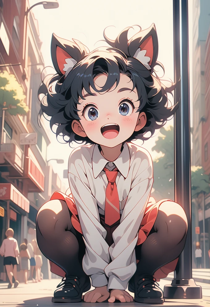 Anime Girl in Downtown Straddling a Pole and Expressing Excitement