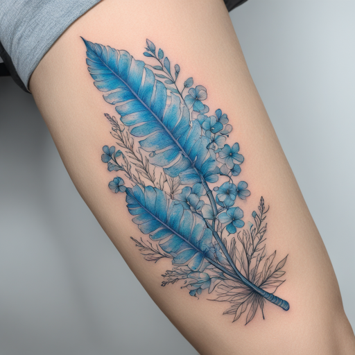 in the style of fineline tattoo, with a tattoo of Royal Poinciana Deloni Regia Flowers with One Big Feather which is color filled in Gradient Lgiht Blue Color 