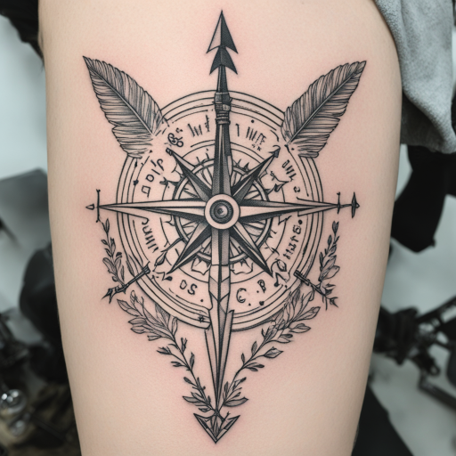 in the style of fineline tattoo, with a tattoo of arrow with compass