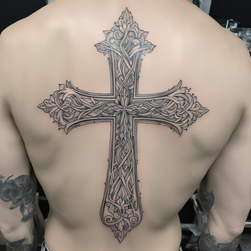 in the style of fineline tattoo, with a tattoo of cross with brush stroke lines
 