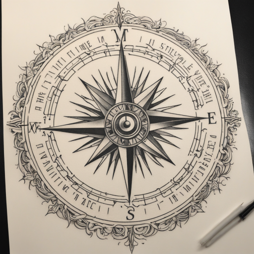 in the style of fineline tattoo, with a tattoo of compass