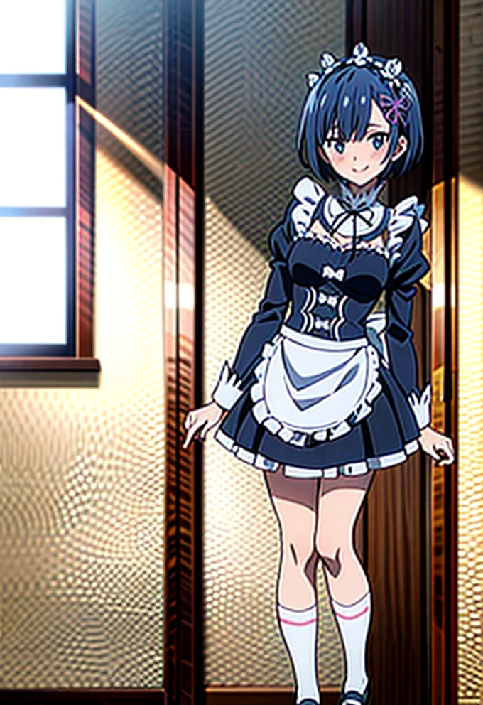 Anime Angel Girl with Blue Hair in Maid Outfit at Castle