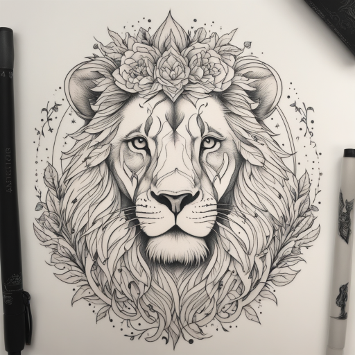 in the style of fineline tattoo, with a tattoo of lion tattoo
