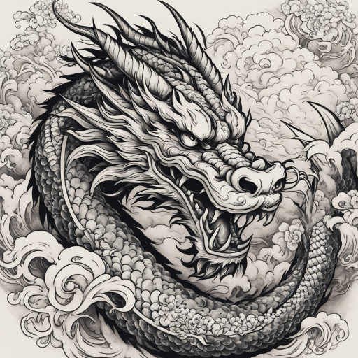 in the style of japanese tattoo, with a tattoo of detailed Japanese dragon with face centered white eye claws hair full body 