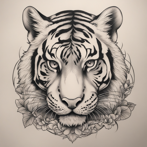 in the style of japanese tattoo, with a tattoo of entire tiger and a cat together