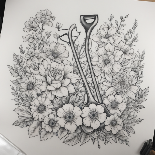 in the style of fineline tattoo, with a tattoo of Shovel with flowers