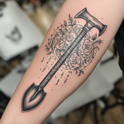 in the style of fineline tattoo, with a tattoo of Shovel 