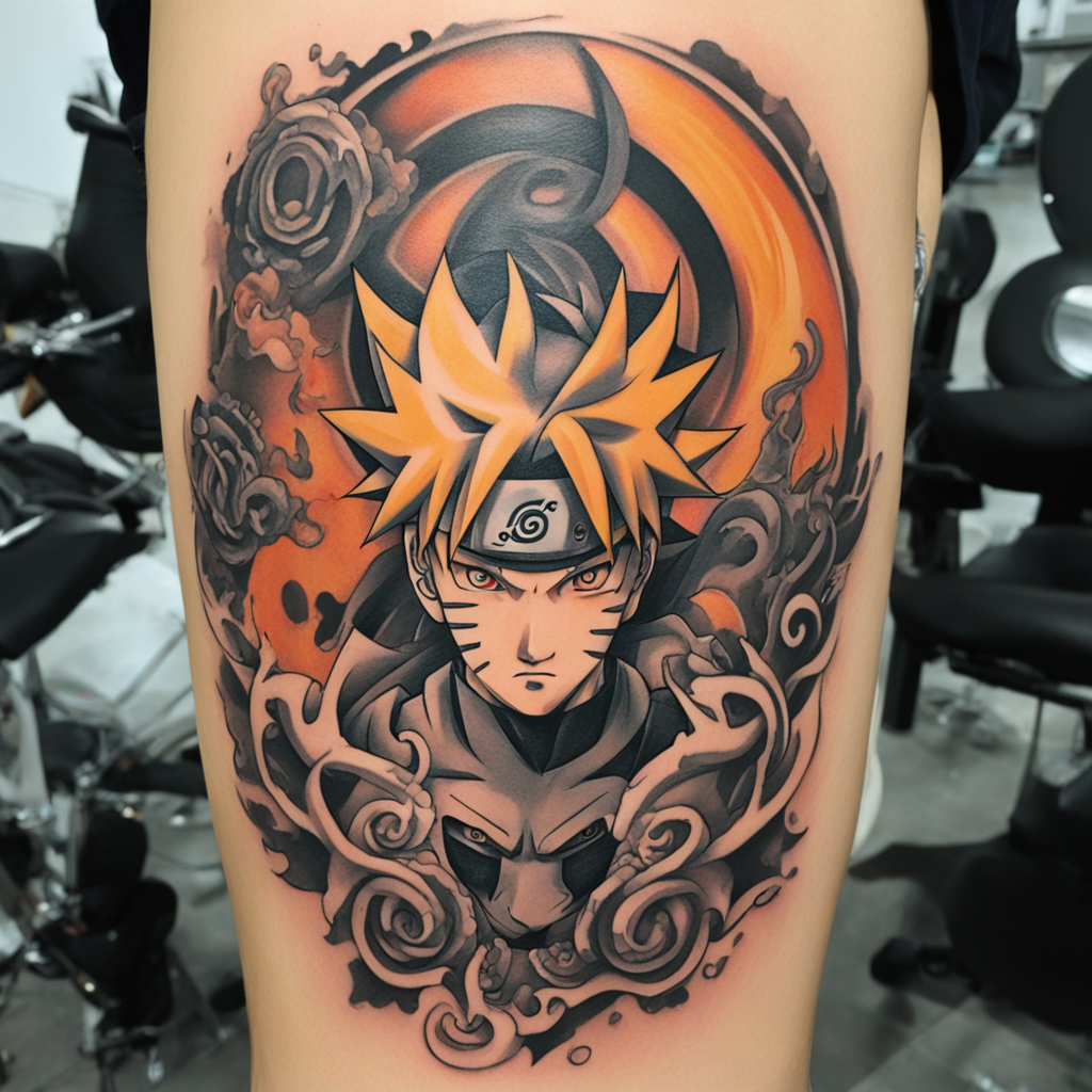 in the style of 3D tatoo, with a tattoo of naruto