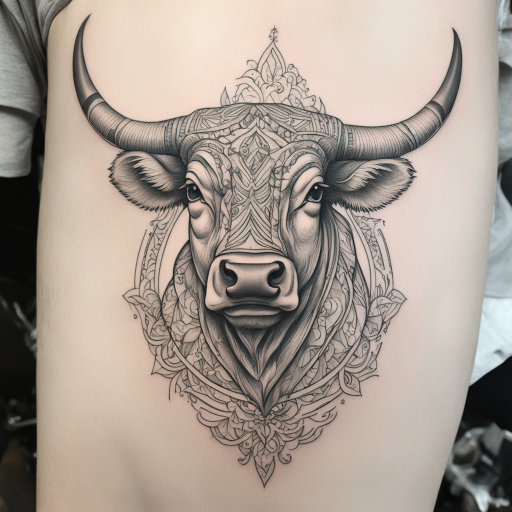 in the style of fineline tattoo, with a tattoo of Bull