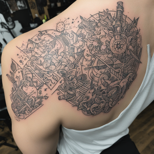 in the style of fineline tattoo, with a tattoo of Different popular games