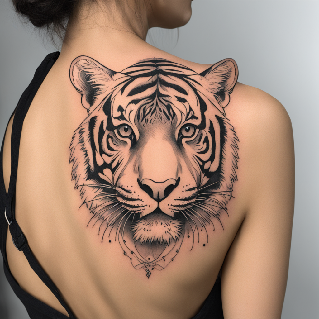 in the style of fineline tattoo, with a tattoo of tiger tattoo