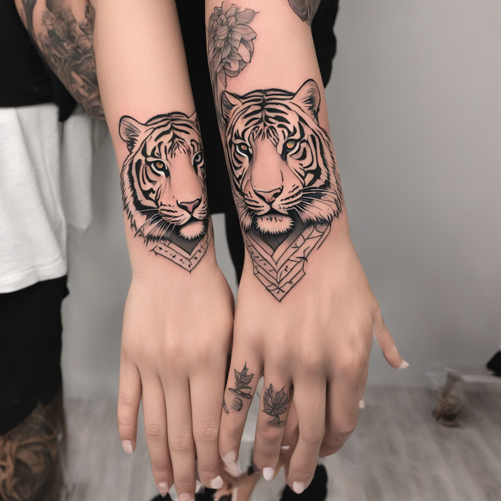 in the style of fineline tattoo, with a tattoo of tiger on my hand