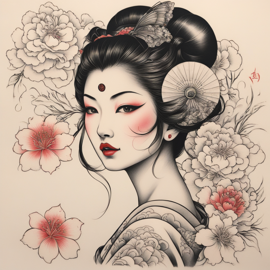 in the style of japanese tattoo, with a tattoo of geisha tattoo