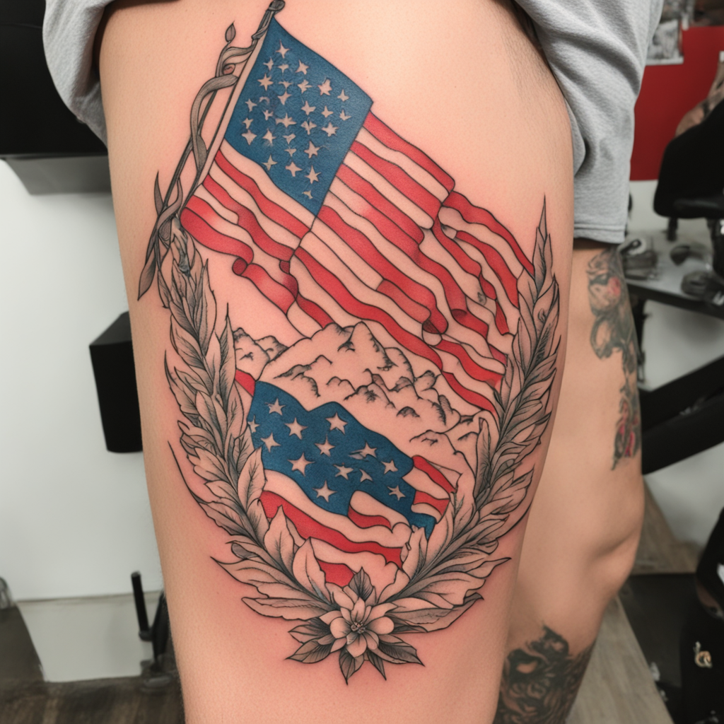 in the style of fineline tattoo, with a tattoo of flag tattoos