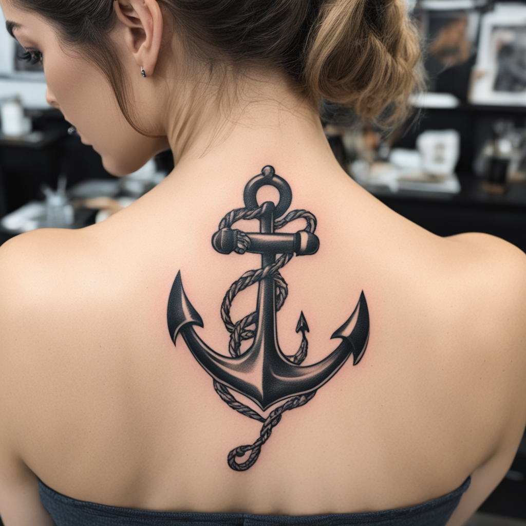 in the style of anchor tattoo, with a tattoo of a woman with tiger tattoo on the back