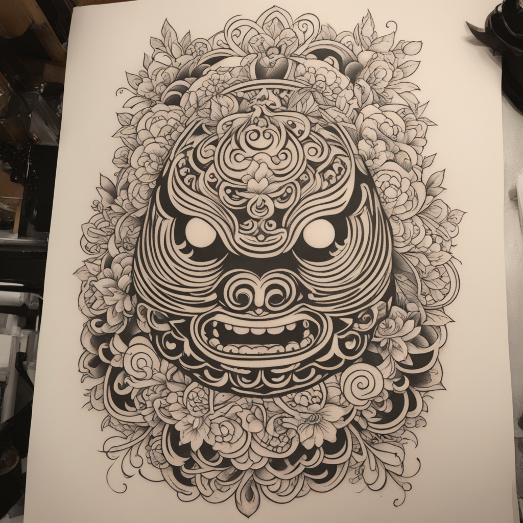 in the style of fineline tattoo, with a tattoo of daruma tattoo