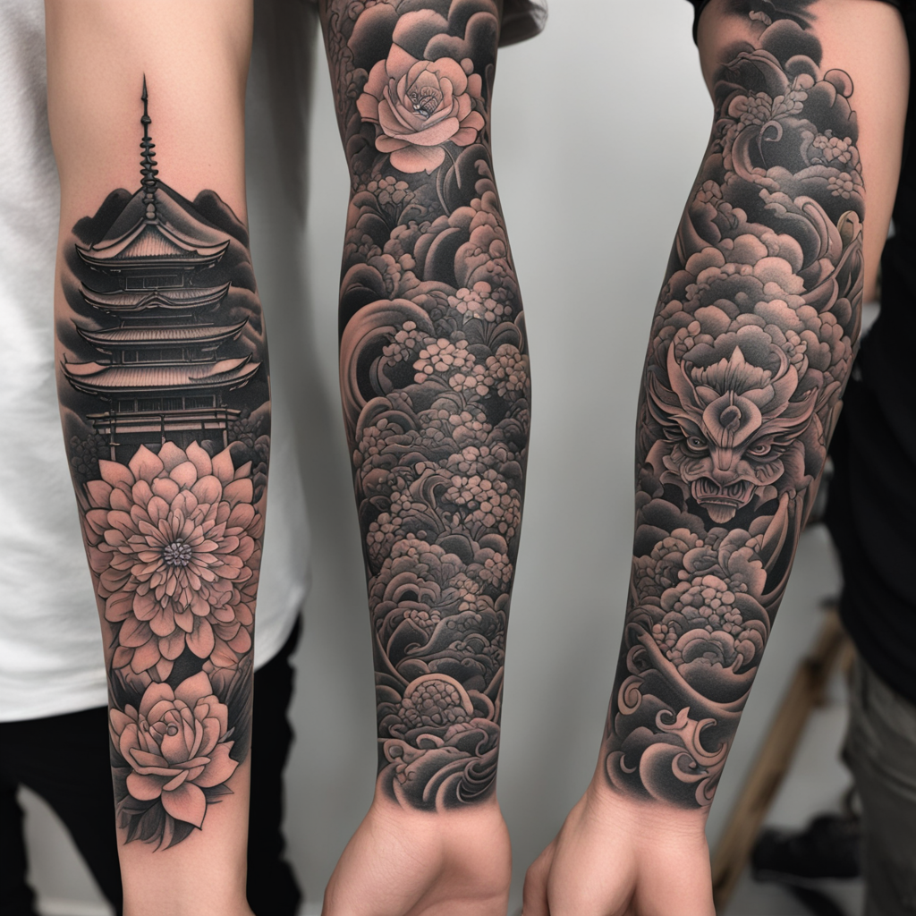 in the style of japanese tattoo, with a tattoo of forearm tattoos