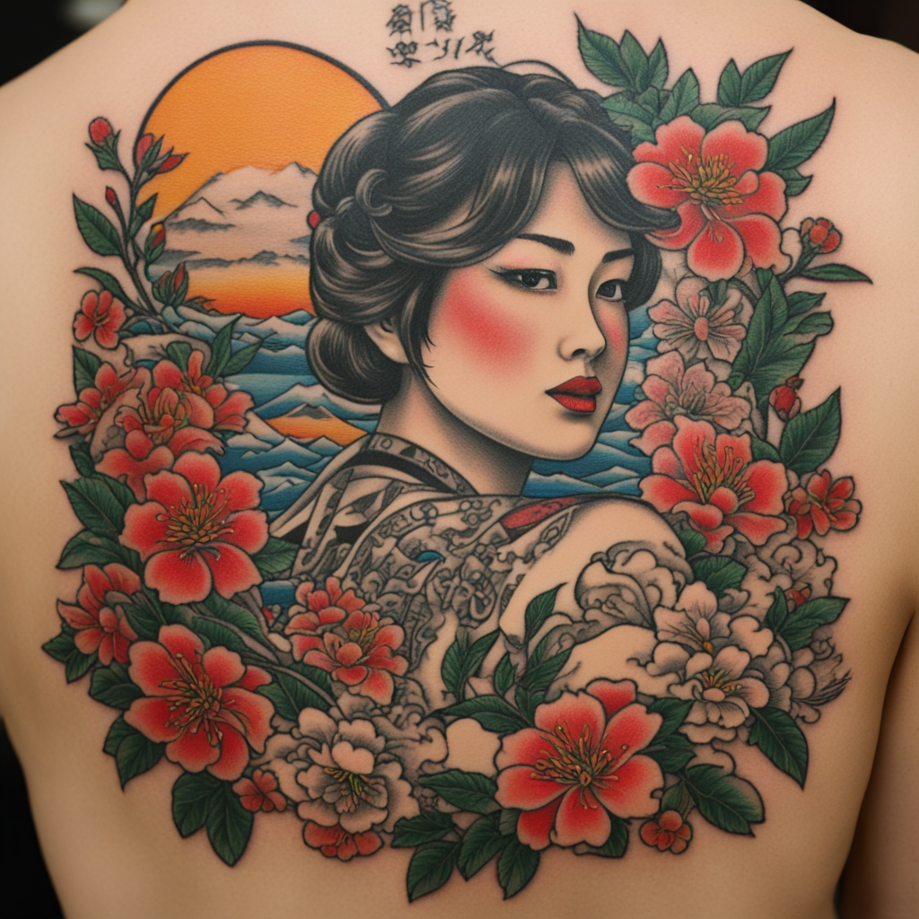 in the style of patch tattoo, with a tattoo of osaka tattoo